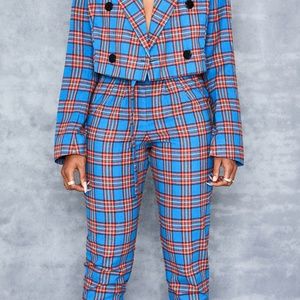 MISTRESS ROCK: Blue & Red Tartan Peg Leg Trousers